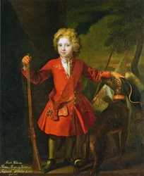 Friedrich Wilhelm I. von Preußen als Kind in einem roten Jagdrock und mit dem Orden des Schwarzen Adlers auf einer Schärpe